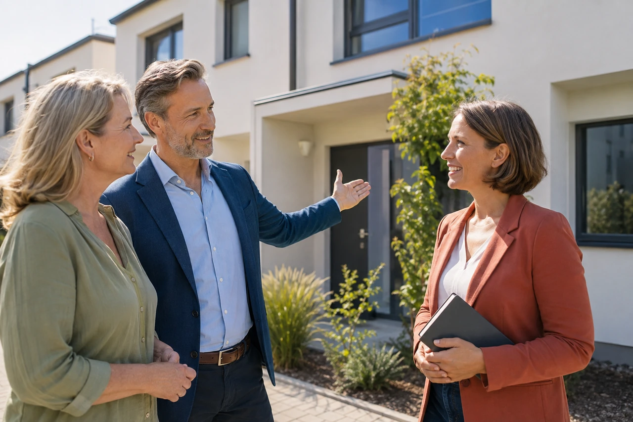 Symbolisches gemeinsames Immobiliengespräch vor einem österreichischen Reihenhaus.